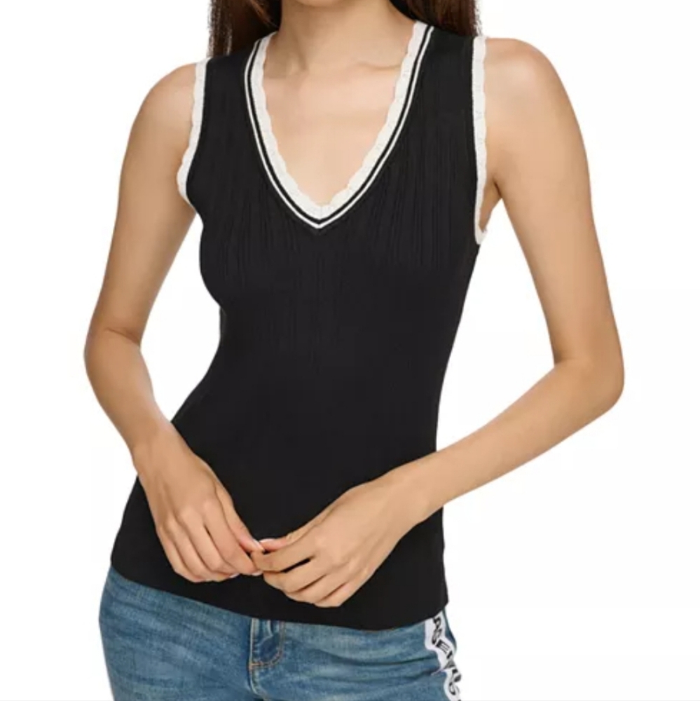 KARL LAGERFELD SCALLOPED TRIM TANK TOP BLACK WITH WHITE TRIM SZ M NWT